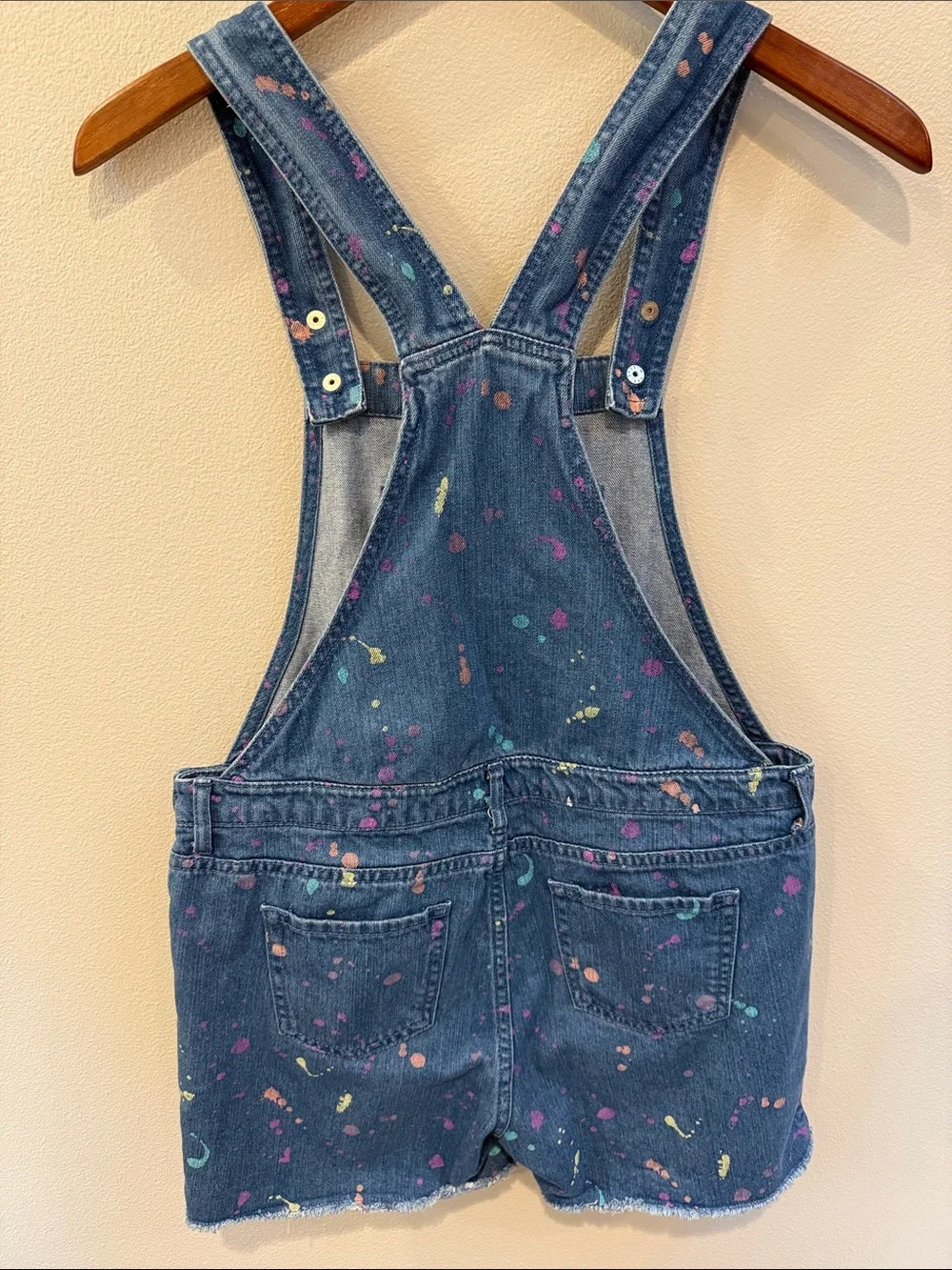 Girls' Denim Paint-Splatter Short Overalls - Blue